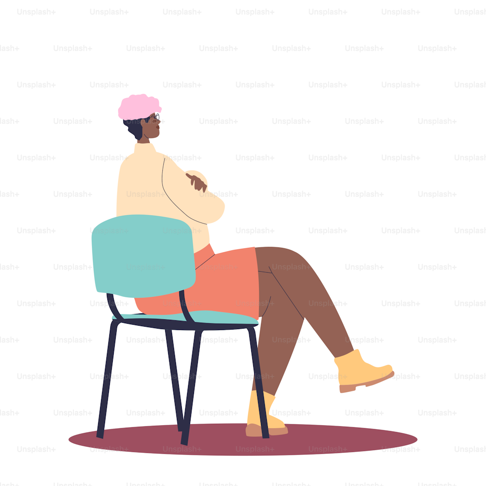 Woman on certification or qualification training listen to speaker sitting on chair, back view. Female lecture participant on courses. Cartoon flat vector illustration