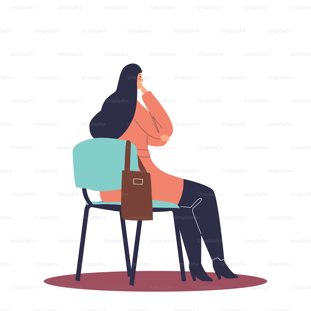 Woman sit on chair, back view of girl listen to certification work courses training, lecture study or lesson. Female student on training. Cartoon flat vector illustration