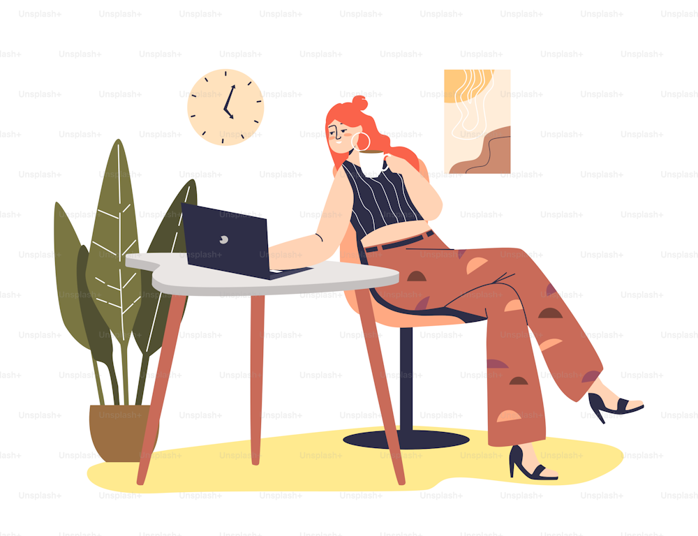 Young woman use laptop communicating in online video conference meeting with friends, for work with colleagues or studying. Girl with computer at home. Cartoon flat vector illustration