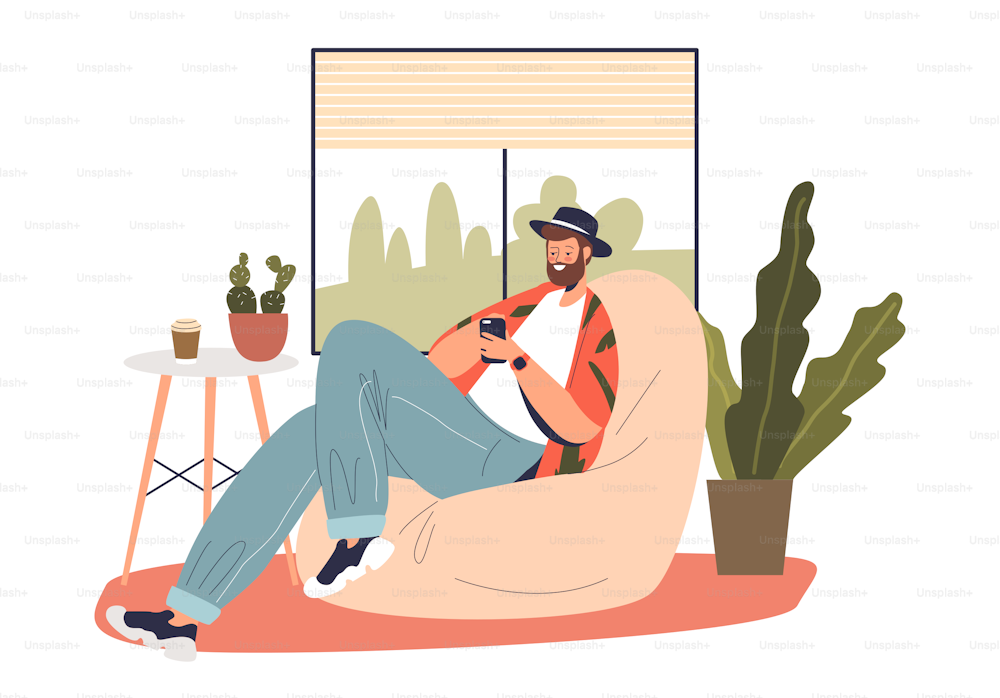 Young man relaxing at home with smartphone in hands posting to social media, messaging in text messengers with friends or scrolling web browser online. Cartoon flat vector illustration