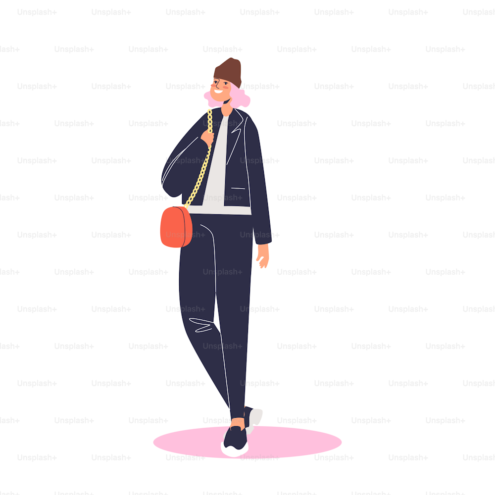 Autumn fashion clothes for woman: young trendy girl wearing stylish clothing for fall season happy smiling. Hipster female in hat and leather jacket. Cartoon flat vector illustration
