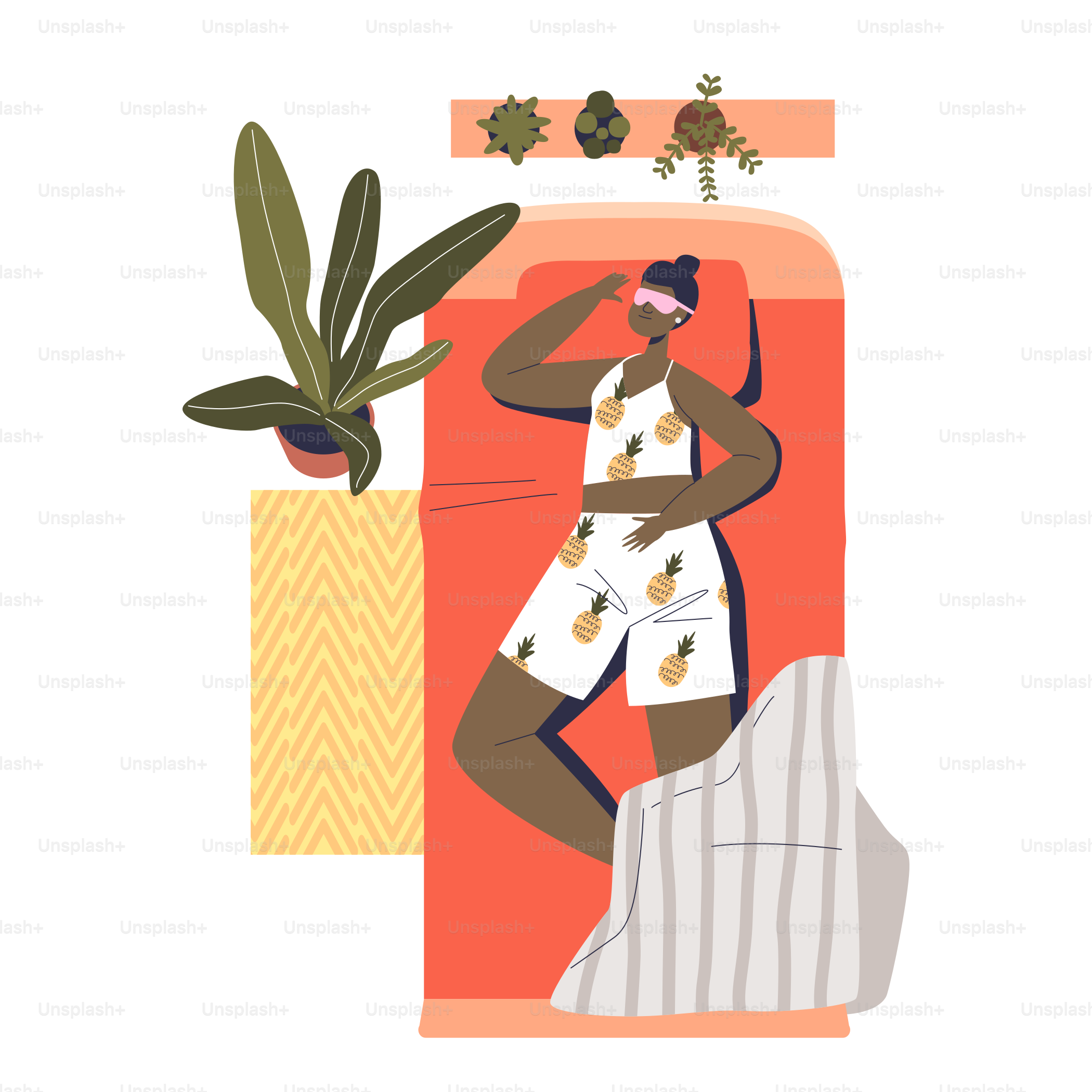 Jeune femme dormant profondément allongée sur le dos dans la chambre sur le lit avec matelas confortable. Femme en pyjama rêvassant ou faisant la sieste. Illustration vectorielle plate de bande dessinée