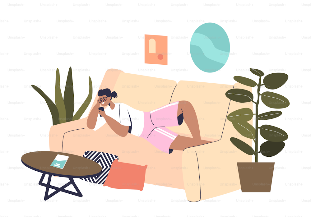 Young girl lying in sofa at home using smartphone device relaxing after study. Happy female texting with friends in social media or do online shopping in living room. Cartoon flat vector illustration