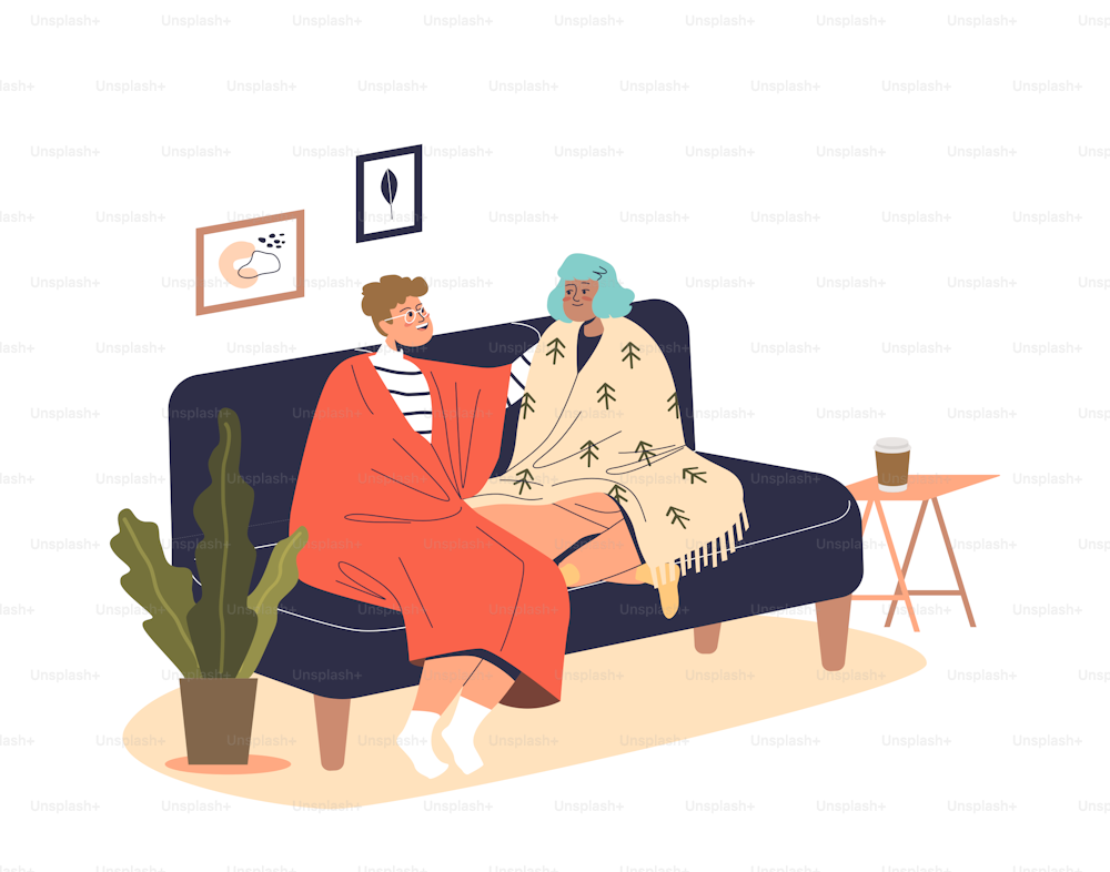 Young couple sit on couch covered with warm blankets suffer from cold indoors. Man and woman freezing in living room at home during winter season. Cartoon flat vector illustration