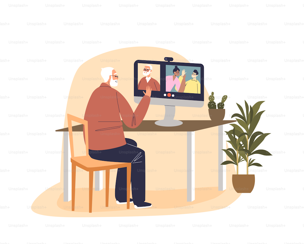 Senior grandfather talking with kids family on video call online connection using computer. Old man virtual distance communication concept. Cartoon flat vector illustration