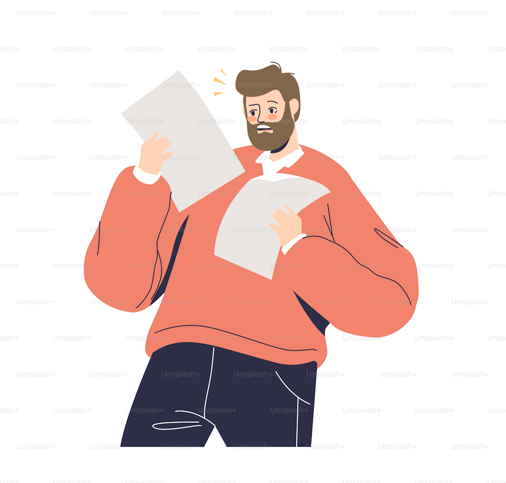 Shocked man reading paper document. Unhappy surprised cartoon male character hold bills and receipt. Frustrated guy reaction on bad news, financial problems or dismissal letter. Vector illustration