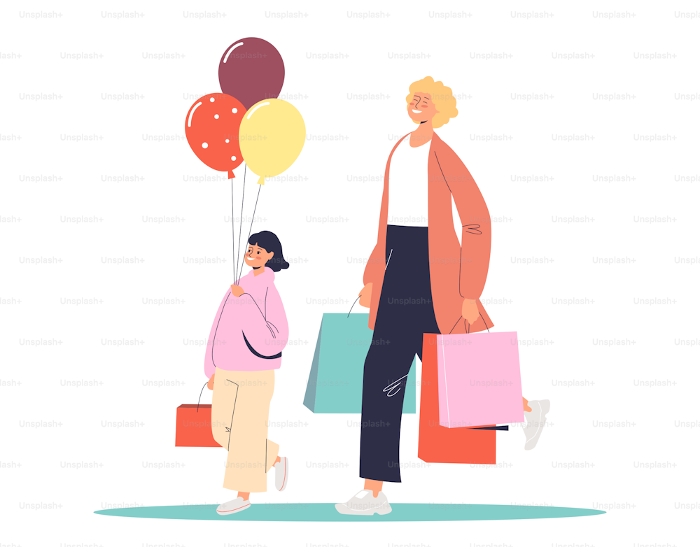 Mom and daughter on shopping. Happy cartoon mother with little girl holding shopping bags. Family buyers during holiday or seasonal sale. Flat vector illustration