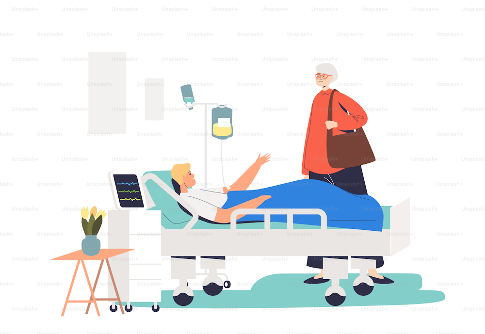 Senior lady visiting young man in hospital. Grandmother visit grandson lying on hospital bed in clinic ward during medical treatment or recovery. Cartoon flat vector illustration