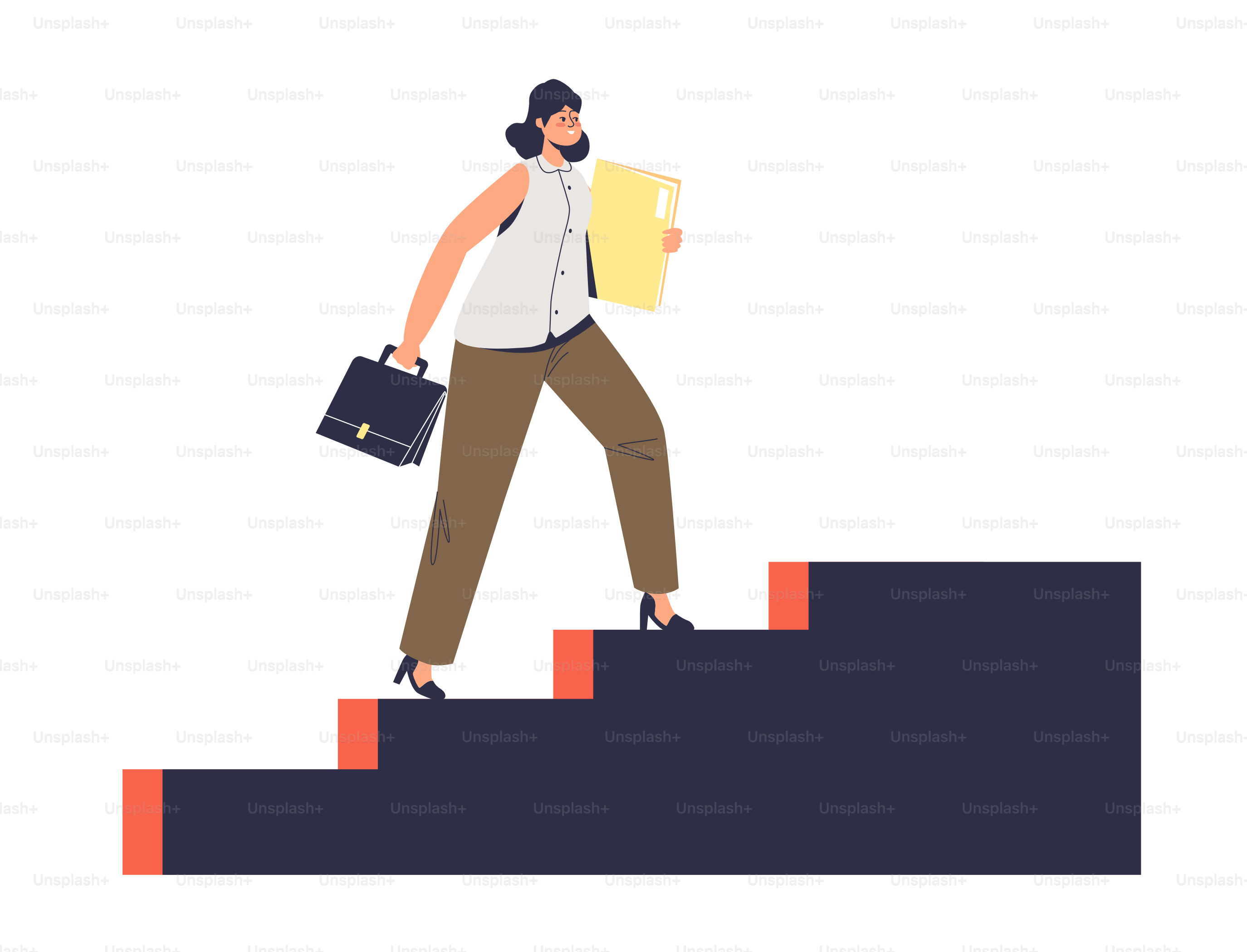 Businesswoman moving up on career ladder. Professional development and career growth concept with successful business woman growing up. Cartoon flat vector illustration