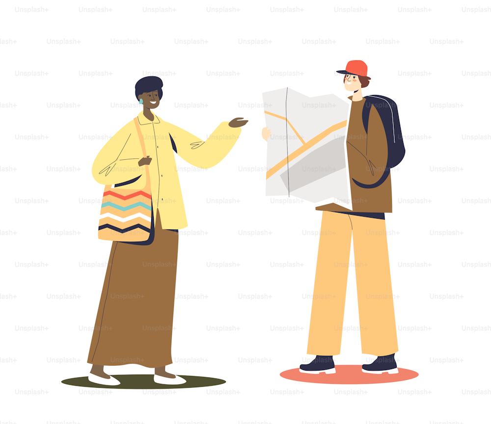 Lost tourist in foreign country ask local woman help to show right way on map. Young traveler man with backpack holding paper map. Cartoon vector illustration