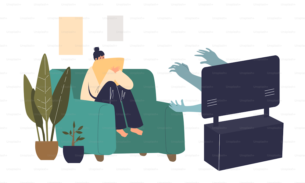 Scared woman watching horror movie at home alone sitting on coach and covering with pillow. Scary films watch and home entertainment concept. Cartoon flat vector illustration
