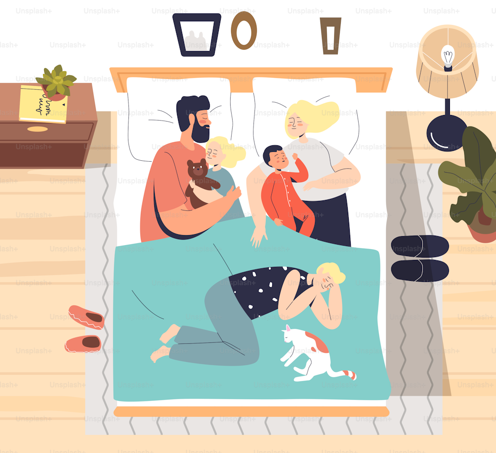 Parents sleeping with little kids in one bed. Big family having nap together hugging. Mom, dad, cute children and cat dreaming in bedroom. Cartoon flat vector illustration