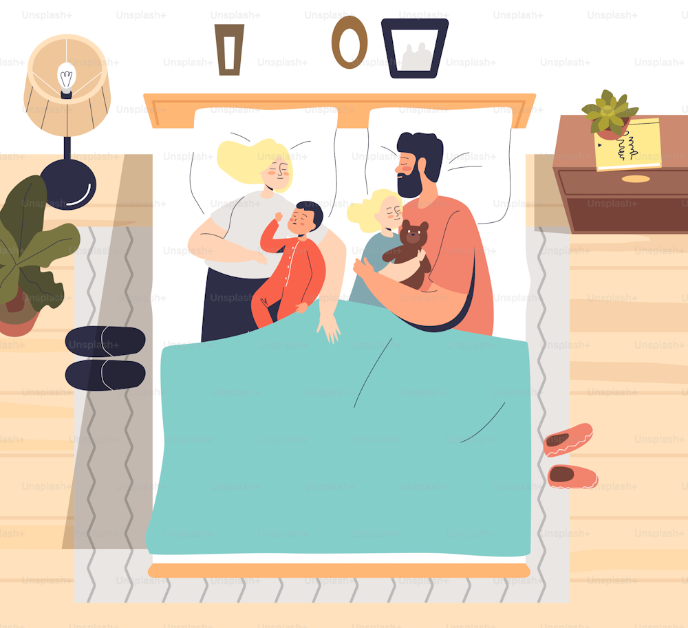 Big family sleeping in one bed: parents and kid napping together in bedroom, top angle view. Family relax concept. Cartoon flat vector illustration