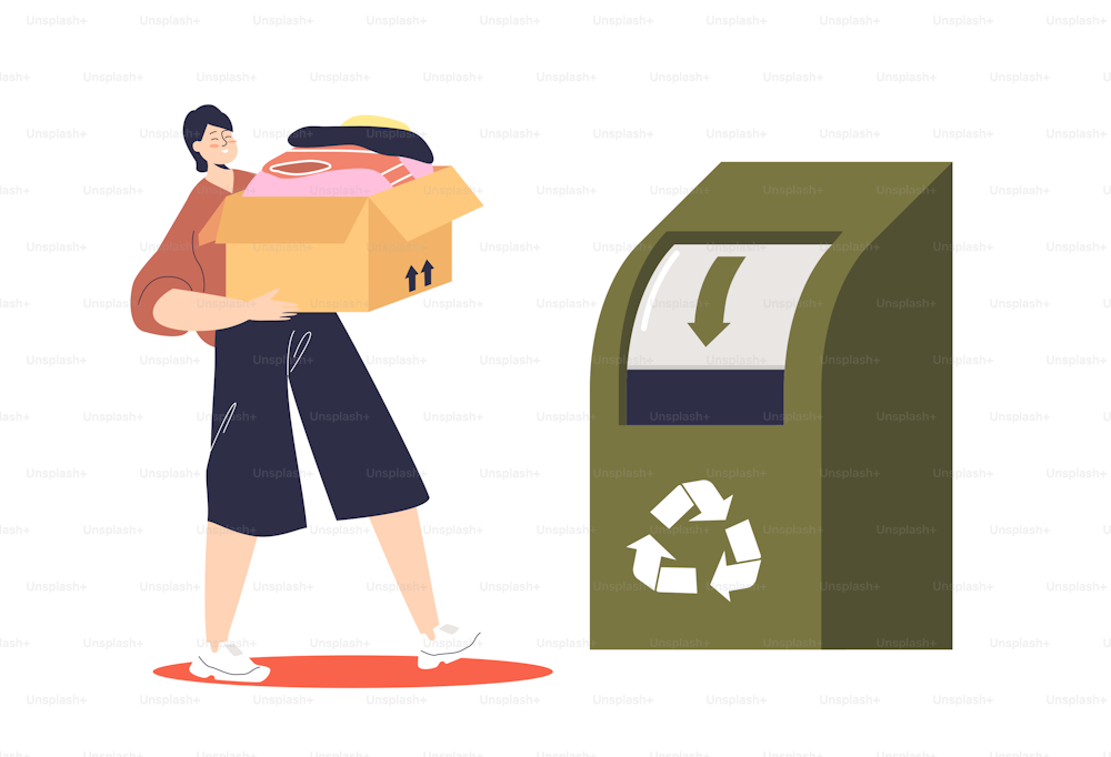 リサイクル用の古着の箱を寄付する女性は、リサイクルサイン付きの容器に投げ込む。リサイクル生地と布、環境に優しい生産。フラットベクターイラスト