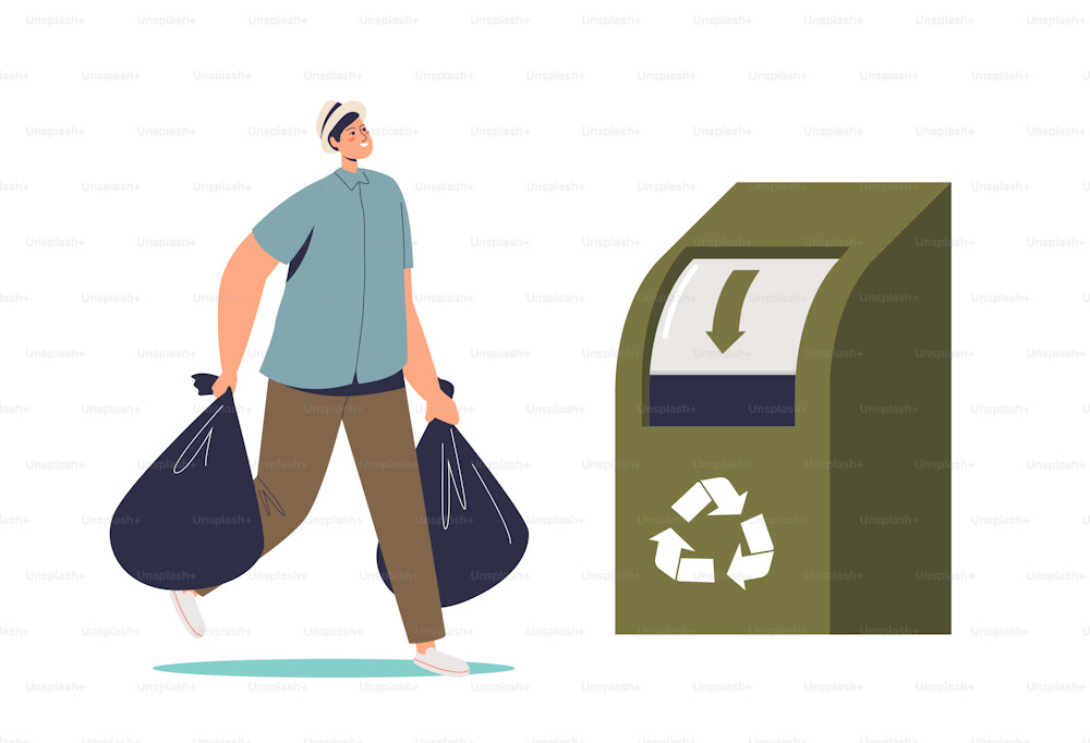 環境にやさしい生産のためにリサイクル容器に衣類の袋を投げる男性。リサイクル生地とリサイクルファッションコンセプト。フラットベクターイラスト