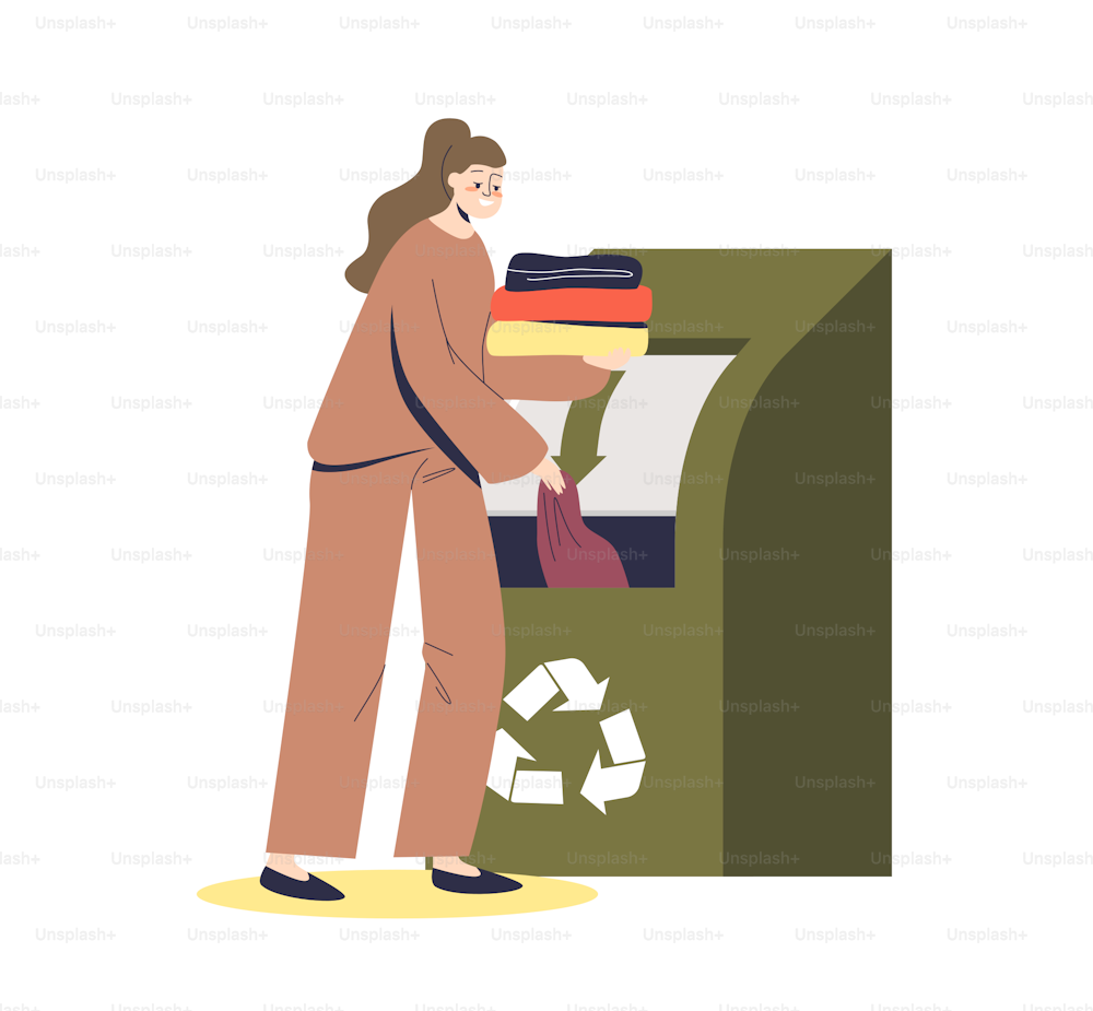 Fille jetant des vêtements usagés dans un conteneur pour le recyclage. Concept de production zéro déchet et respectueux de l’environnement. Réutiliser les vêtements et les textiles. Illustration vectorielle plate de bande dessinée