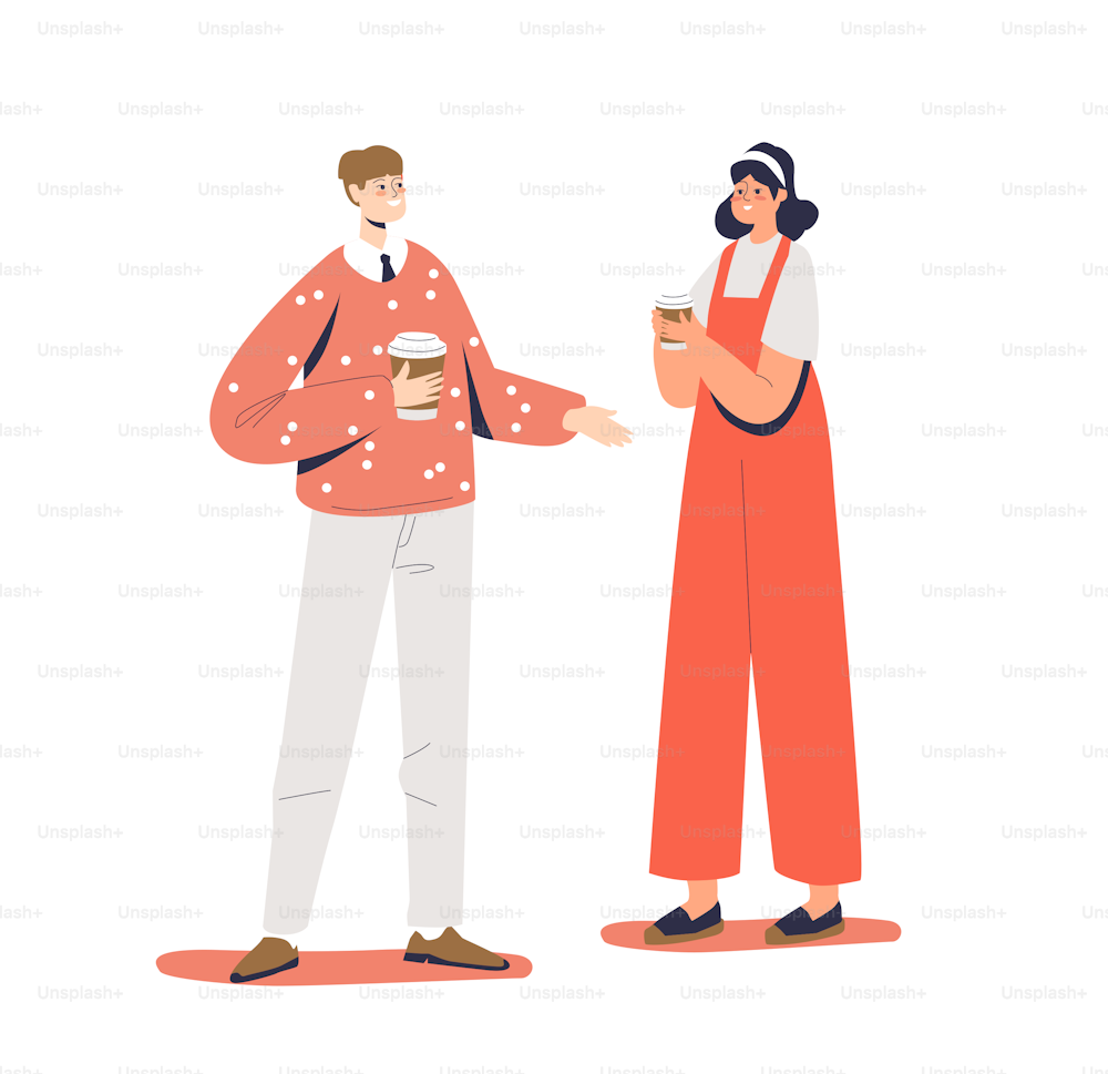 Pareja joven sosteniendo café para llevar en tazas desechables de papel. Hombre y mujer de dibujos animados durante la pausa para el café hablando y bebiendo bebidas para llevar. Ilustración de vector plano