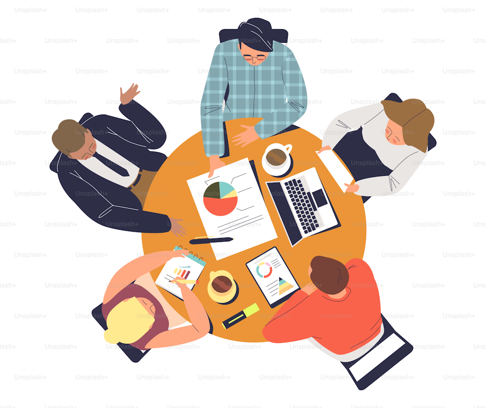 Business team meeting at round table: group of businesspeople working and brainstorming sitting at table together, top angle view. Teamwork and cooperation concept. Flat vector illustration