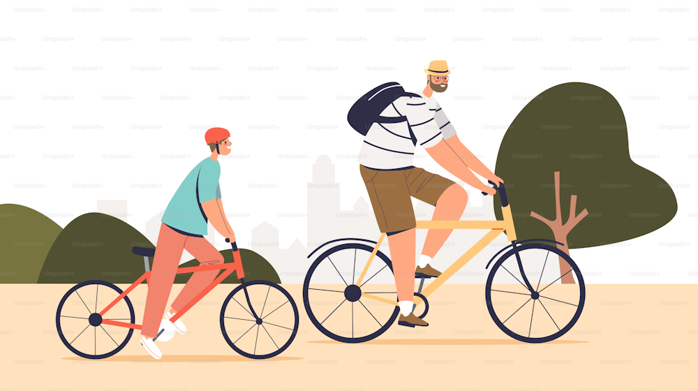 Father and son riding bicycle outdoors in park. Cute boy with dad cycling together. Parent and kid on bike travel on summer vacation. Cartoon flat vector illustration