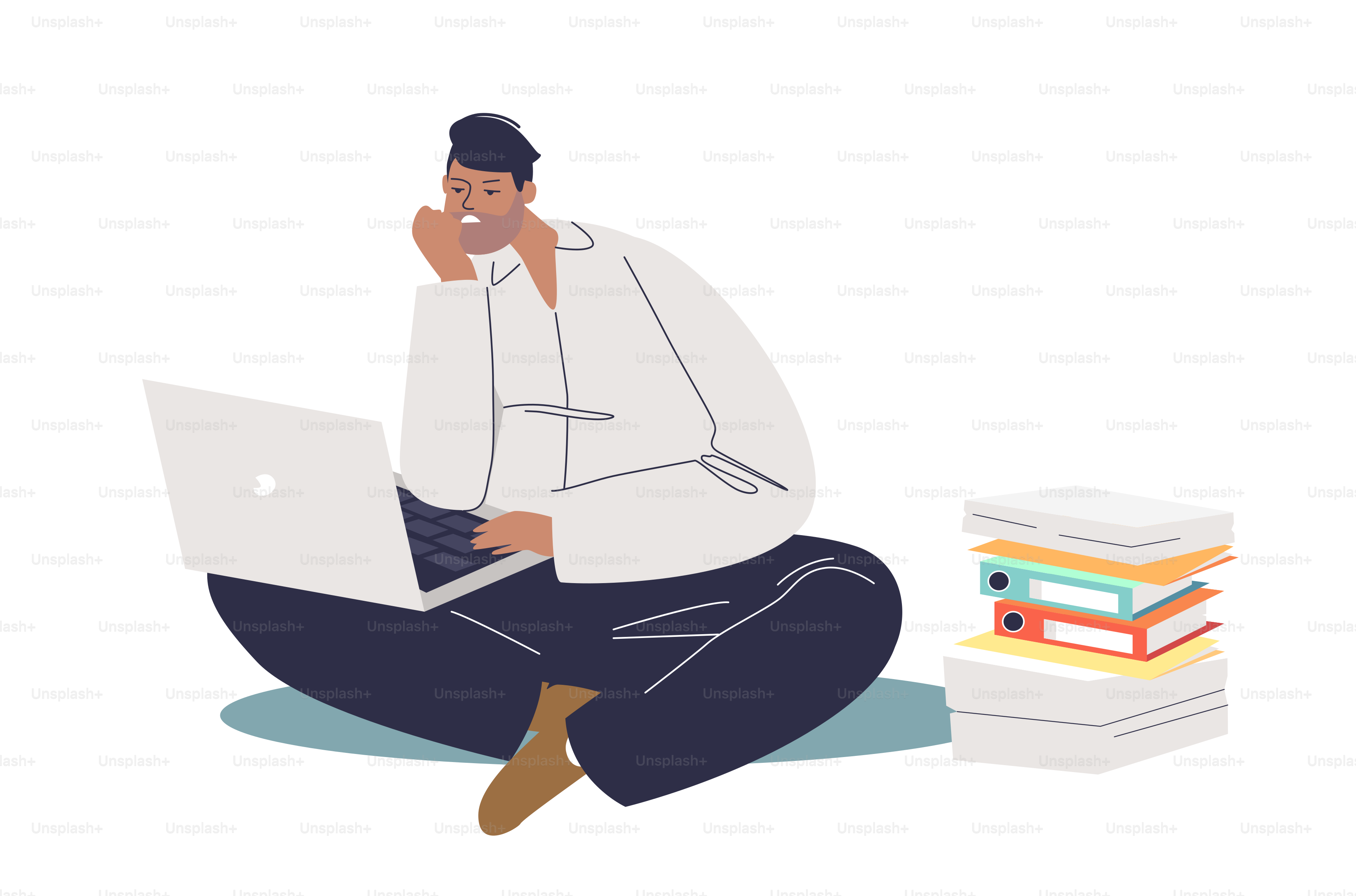 Manager, clerk or businessman working on laptop and paperwork. Paperwork, office slavery and office routine concept. Cartoon flat vector illustration