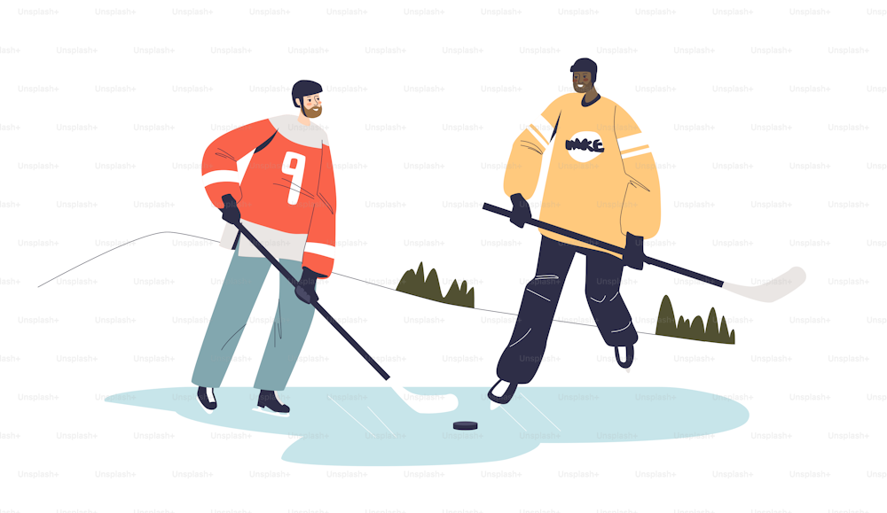 Two men play hockey outdoors. Cartoon male characters in hockey players in sport uniform skating play on ice. Winter sport concept. Flat vector illustration