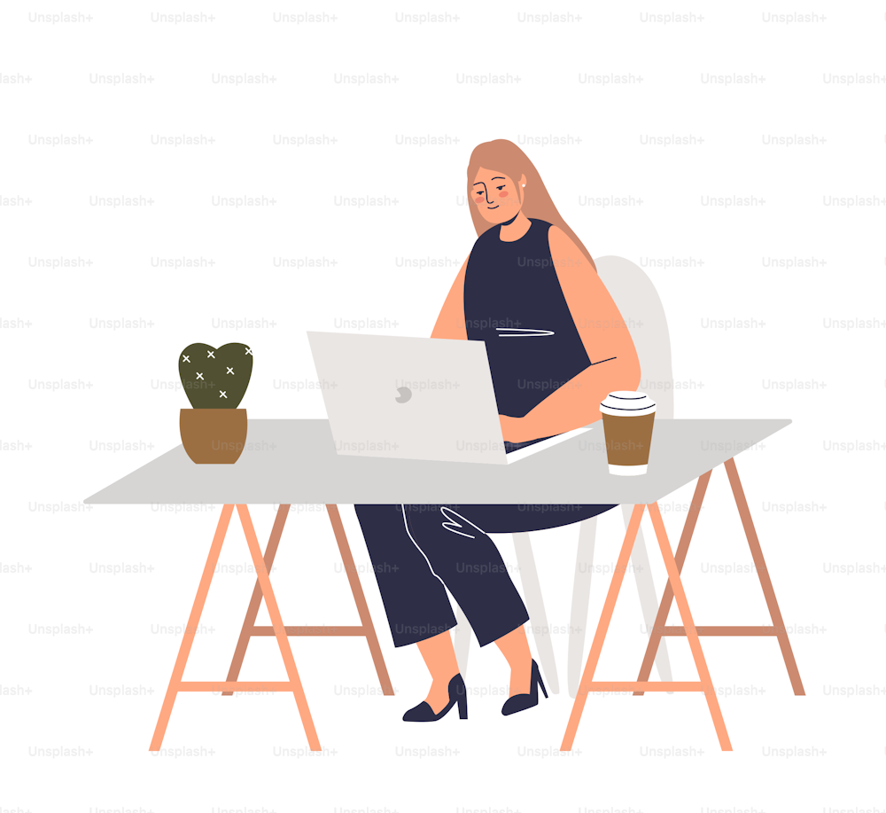 Young businesswoman working on laptop computer sitting at desk. Office workplace concept. Cartoon business woman or freelancer busy typing. Flat vector illustration