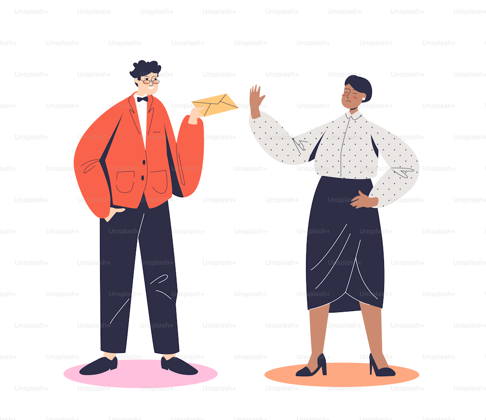 Cartoon businesswoman, judge or teacher refusing to take bribe in envelope from business man or student. Stop corruption concept. Flat vector illustration