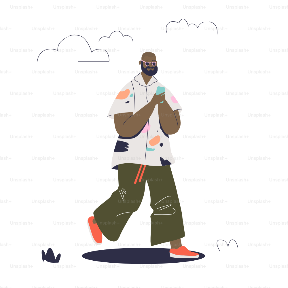 Mann Nachrichten mit Smartphone-App während des Gehens. Afroamerikanischer Hipster-Typ, der mit einer mobilen App online chattet oder sucht, während er zur Arbeit oder zum Studium zieht. Vektorgrafik