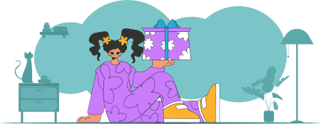 The girl is holding a box with gifts in her hands. Modern retro style.