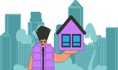 Concept Investment in real estate. Guy Real Estate Agent sells a house.