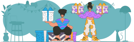 Style 80s and 90s. The girl and the guy are holding two gifts in their hands. The concept of the holiday and gifts.