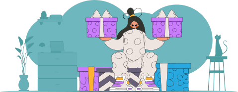 Style 80s and 90s. The girl is holding gift boxes. A woman sits on gift boxes. The concept of the holiday and gifts.