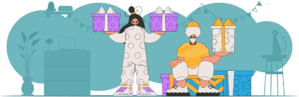 Style 80s and 90s. The guy and the girl are holding gifts. Holiday surprise concept.