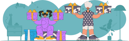 Style 80s and 90s. The guy and the girl are holding gift boxes. The concept of the holiday and gifts.