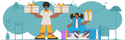 Style 80s and 90s. The guy and the girl are holding two gifts in their hands. The concept of the holiday and gifts.