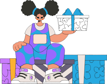 La fille tient des cadeaux. Une femme est assise sur des boîtes cadeaux. Concept de surprise pour les fêtes. Style années 90.