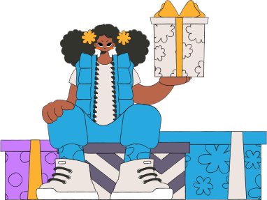 La jeune fille tient des boîtes cadeaux. Une femme est assise sur des boîtes cadeaux. Le concept de la fête et des cadeaux. Style des années 90.