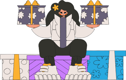 The girl is holding gifts. A woman sits on gift boxes. The concept of the holiday and gifts. Style 80s and 90s.