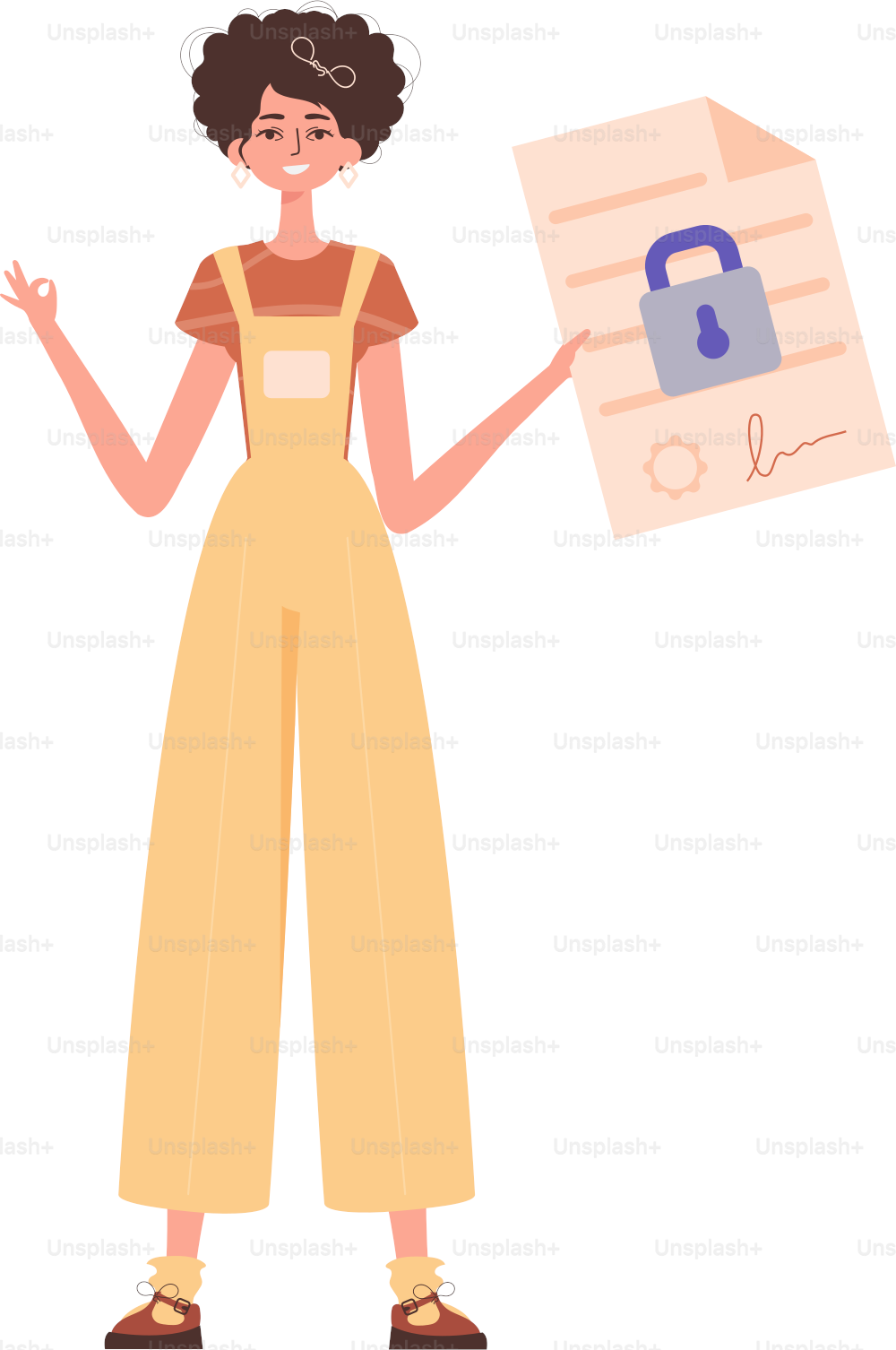 A woman holds a contract or document in her hand. Smart contract concept. Data protection. Modern trendy style.