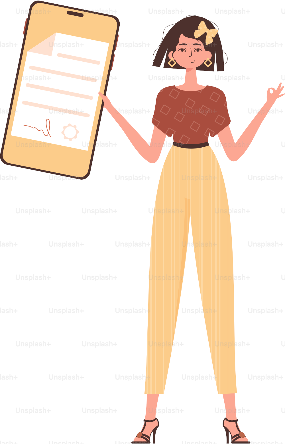 The woman is holding a document. Data protection concept. Smart contract. Modern trendy style.