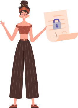 女性は書類を持っている。データ保護の概念。スマートコントラクト。現代的なスタイルのキャラクター。