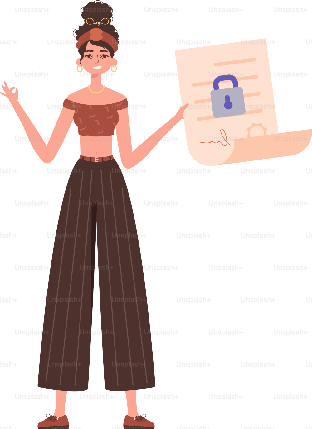 The woman is holding a document. Data protection concept. Smart contract. Modern style character.