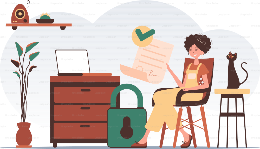 Data protection concept. Smart contract. The girl sits in a chair and holds a document in her hands. Trend style character.