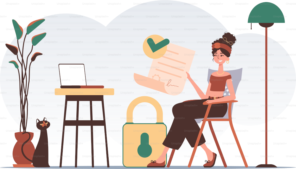 Data protection concept. Smart contract. The girl sits in a chair and holds a document in her hands. Modern style character.