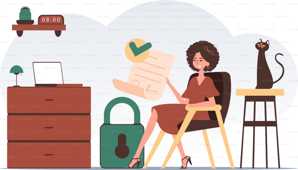 Concepto de contrato inteligente. Protección de datos. Una mujer se sienta en una silla y sostiene un documento en sus manos. Carácter de estilo moderno.