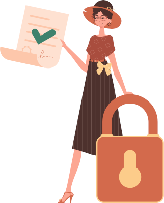 La femme tient un document à la main. Concept de contrat intelligent. Protection des données. Caractère de style tendance.