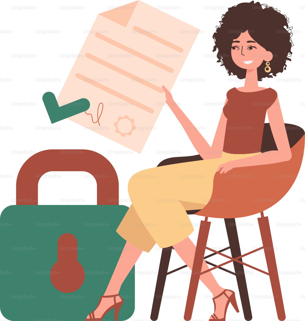 The girl sits in a chair and holds a document in her hands. Smart contract. Data protection. Modern trendy style.