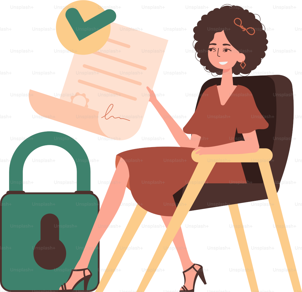 A woman sits in a chair and holds a document in her hands. Data protection. Smart contract. Modern trendy style.