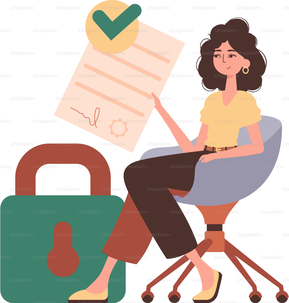 A woman sits in a chair and holds a document in her hands. Data protection. Smart contract. Trend style character.