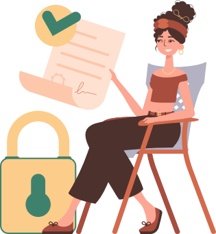 Seorang wanita duduk di kursi dan memegang dokumen di tangannya. Kontrak pintar. Perlindungan data. Karakter gaya modern.